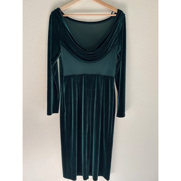 Jessica McClintock Dress Midi Green Velvet SZ12 Sheer Cowl Neck Holiday Party - Picture 4 of 10